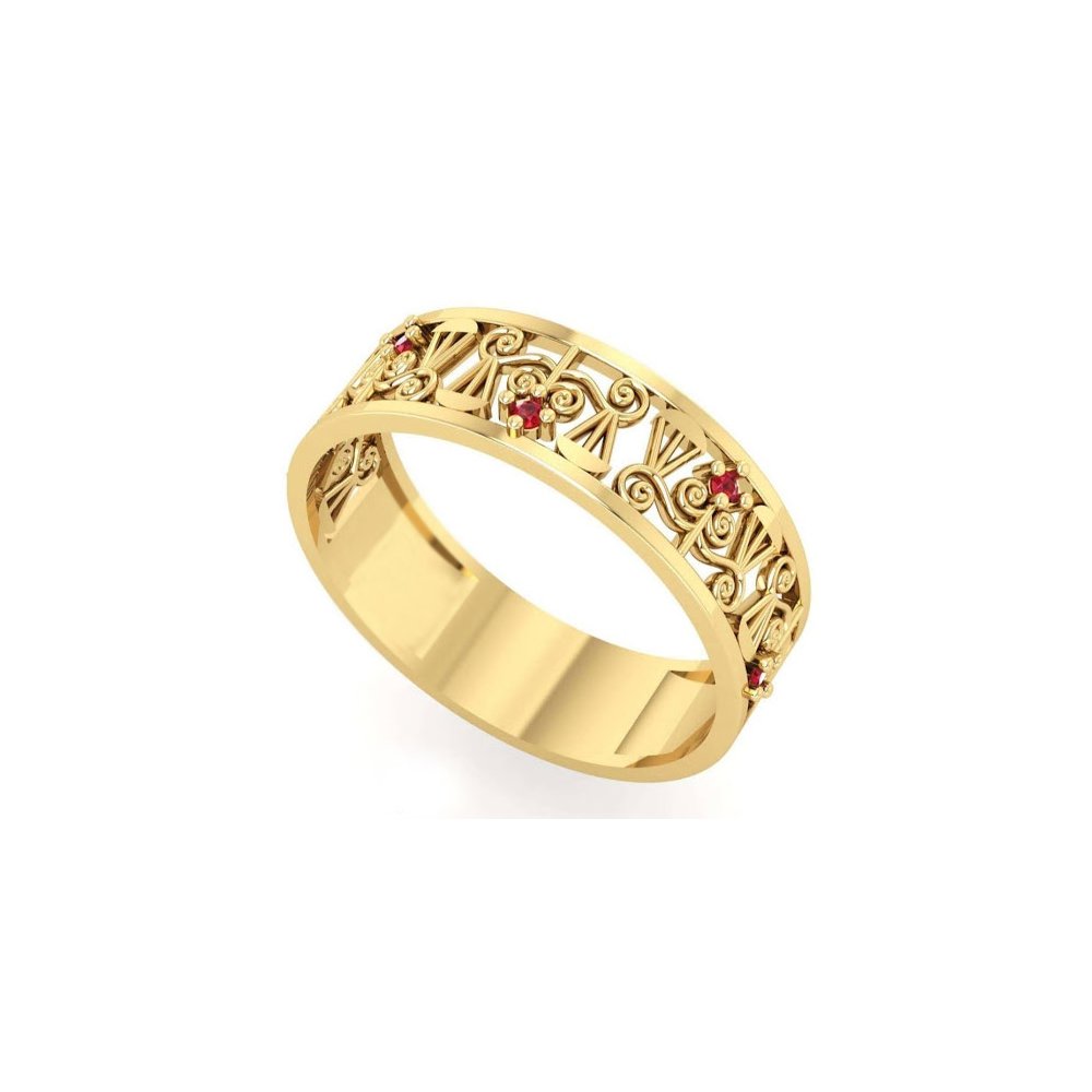 anel de formatura personalizado com emblemas do direito e rubi natural