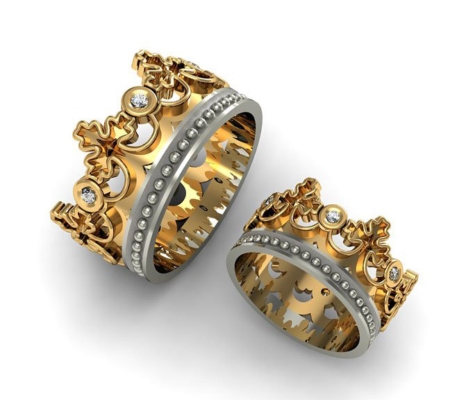 aliança em ouro 18k personalizada em ouro amarelo e branco coroa com diamantes